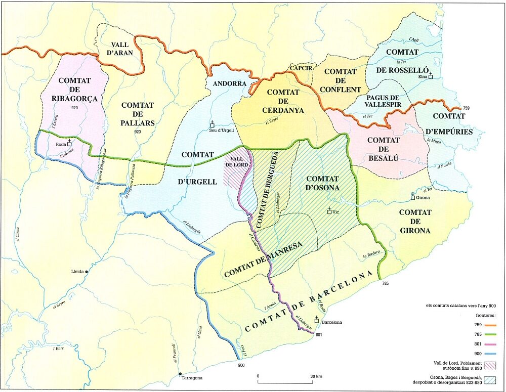 Mapa dels comtats catalans vers l'any 900